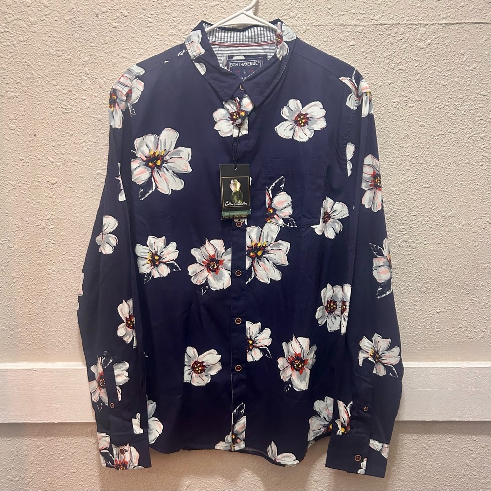 Eighth Avenue Long Sleeve Navy and Floral Men’s Button-Up Shirt Size L NWT